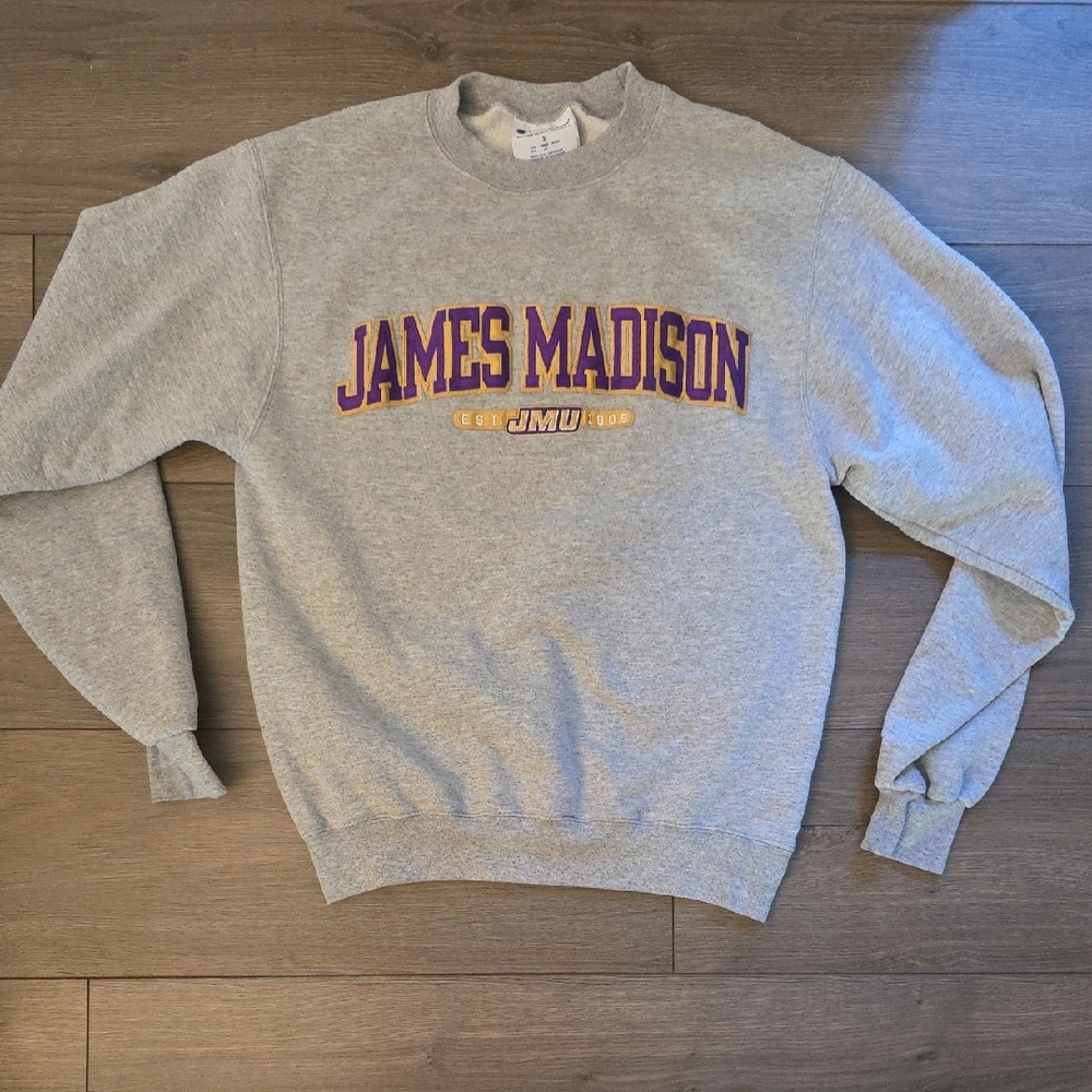 Champion Gray Crewneck with Purple & Gold James Madison Logo